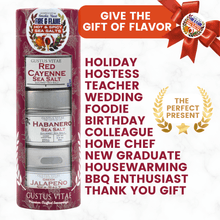 Load image into Gallery viewer, Hot &amp; Spicy Sea Salts: Smoke, Heat, Fire &amp; Flame | Gift Pack Set of 3 Collections &amp; Gift Sets Gustus Vitae