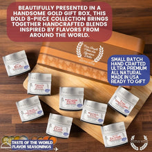 Load image into Gallery viewer, House Favorites: Taste of the World Flavor Seasonings | 8 Pack | Magnetic Tins in Gift Box Collections &amp; Gift Sets Gustus Vitae