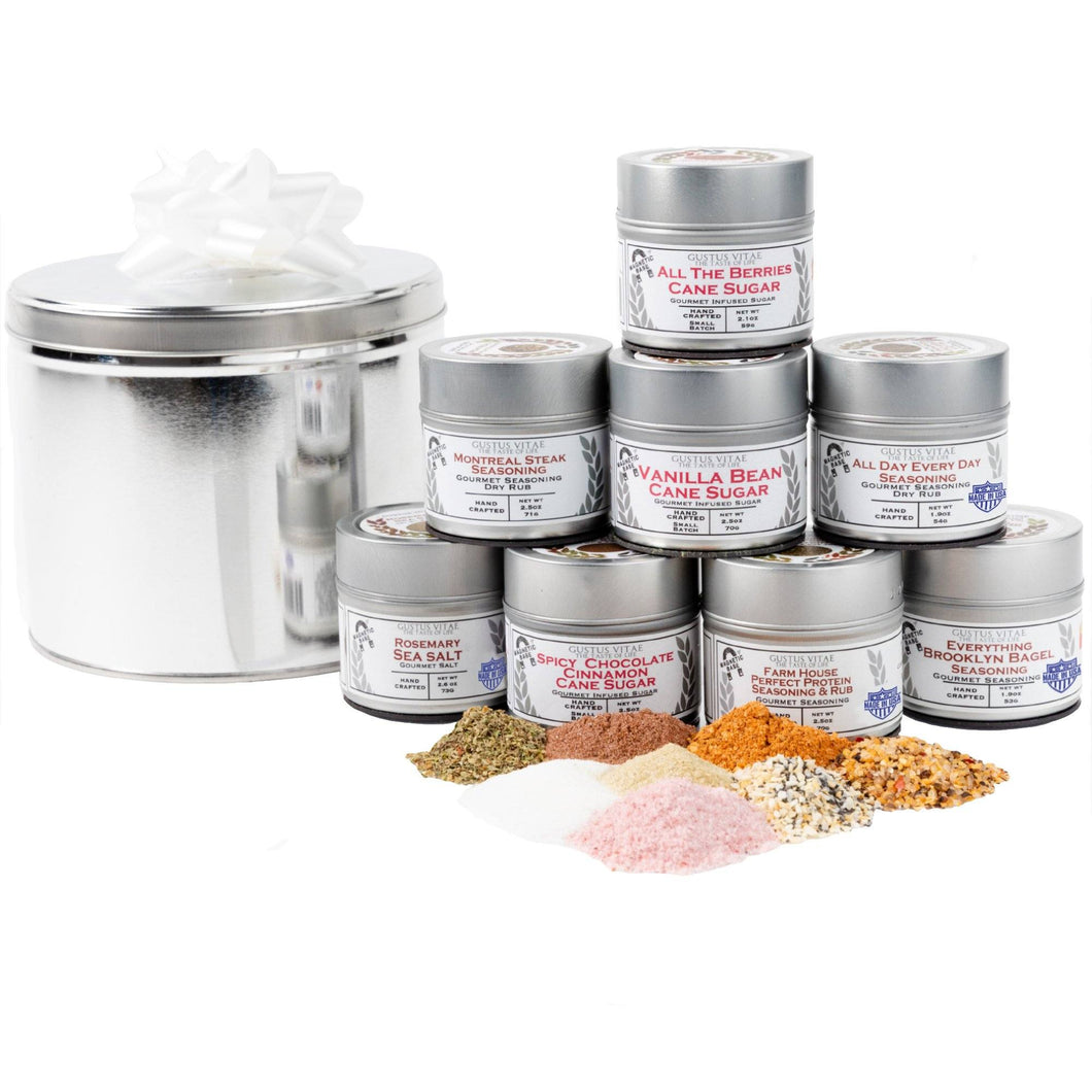 Gourmet Pantry Essentials Gift Pack | 8 Gourmet Seasonings & Salts In A Handsome Gift Tin Collections & Gift Sets Gustus Vitae